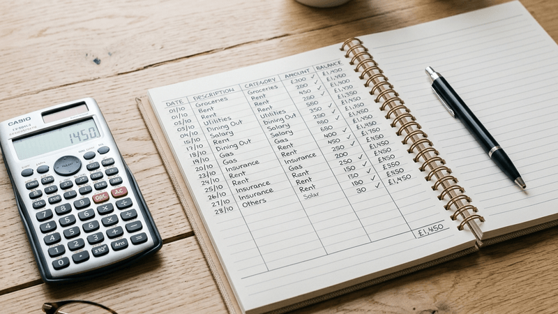 Notebook with budget planning and a calculator on wooden desk